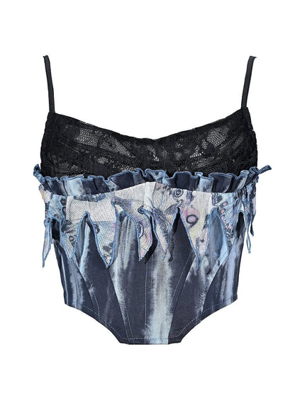 Grunge Punk Rock Fairy Style Blue Lace Cowl Neckline Boned Corset Tie Dye Cami Top