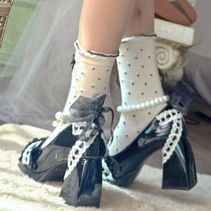 Black Bow Accent Detachable Beaded Chain Lolita Block Heels
