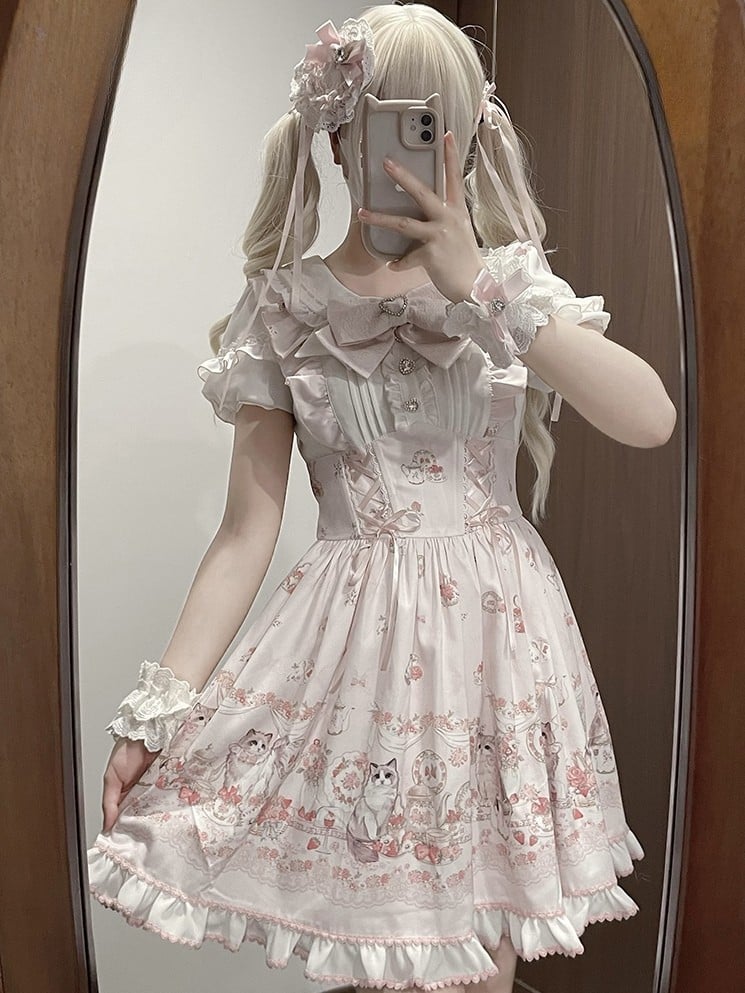 Clearance-Pink Jirai Kei Rhinestone And Bowknot Decorated Lace Trim Heart-shaped Hairclip