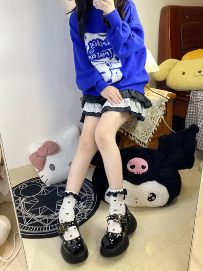 Studs Polished Black Platform Mary Janes with Skeleton Rabbit Buckles