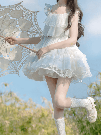 Sweet White Tiered Lace Trim Flutter Sleeves Dress with Brooch and Waist Belt