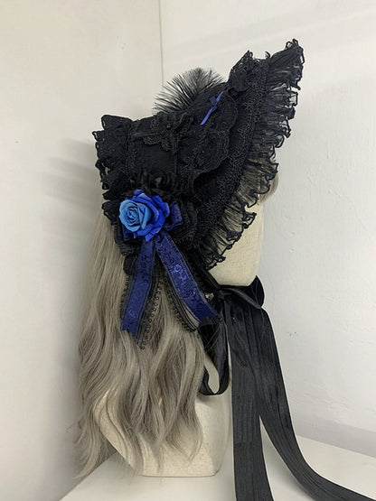 Gothic Cross Chains Black and Blue Floral Design Elegant Bonnet