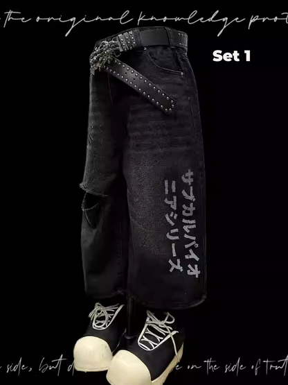 Black Cross Appliques Distressed Holes Vintage Straight-Leg Jeans