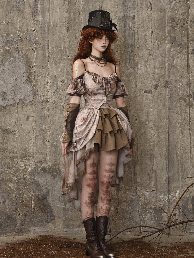 Tie Dye Jacquard Victorian Cascading Ruffle Trim High-low Skirt