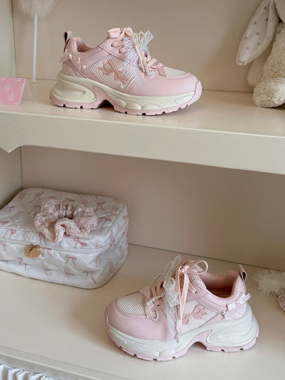 Pink Beaded Decorated Bowknot Details Front Lace-up Ties Sneakers