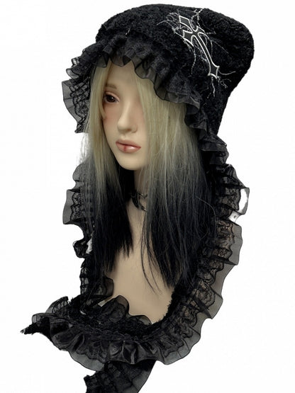 Y2K Black Cross Applique Lace Trim Punk Knit Hat
