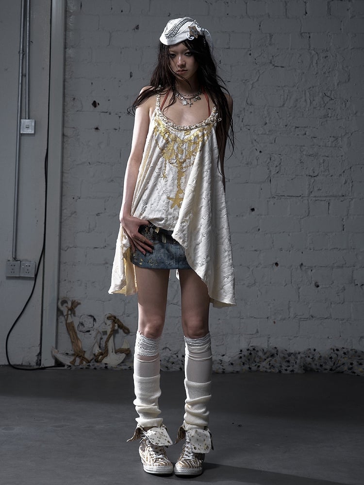 Gold Starfish Print Apricot Wasteland Punk Distressed Holes Cami Top