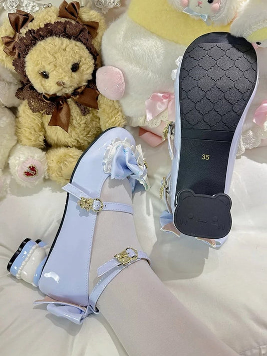 Mid-heel Sweet Blue Mary Janes for Lolita with Adorable Bear Heel & Multi-layer Bow at Top