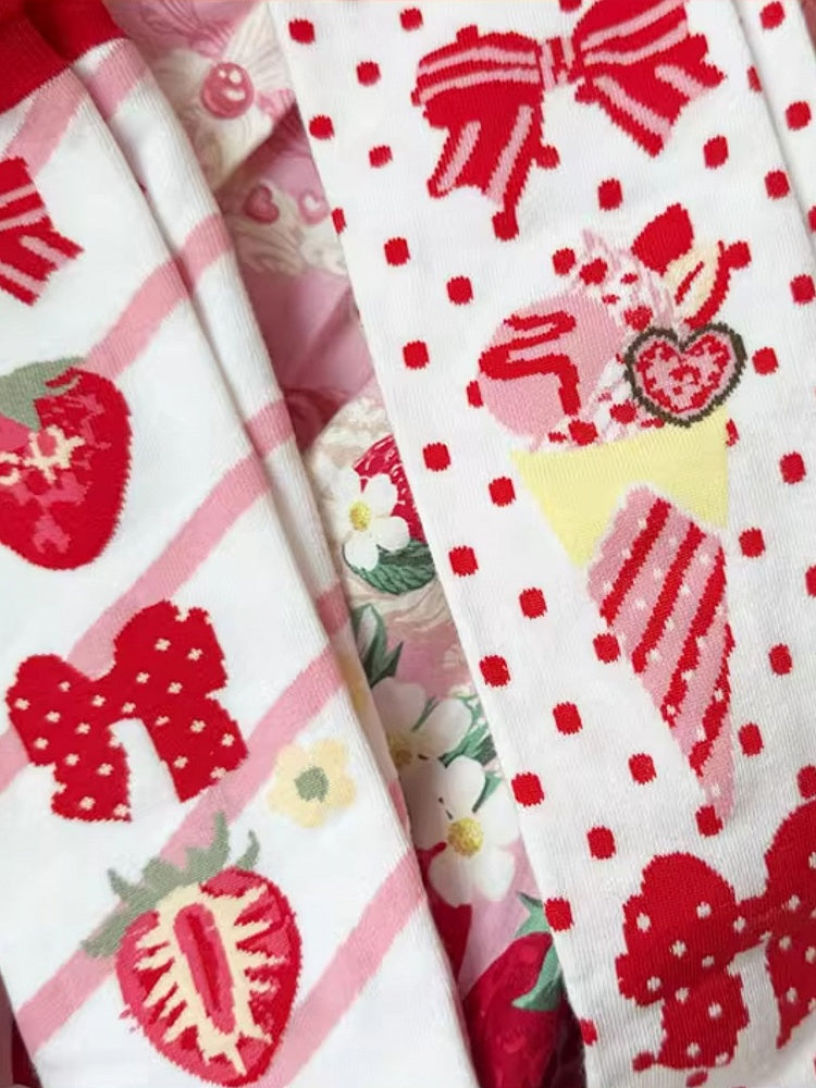 Strawberry Ice Cream Lolita Polka-dot Pattern Ruffled Cuff Calf socks