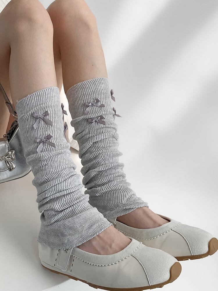 Gray/White Bowknot Details Knitted Leg Warmers