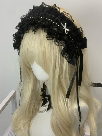 Black/White Studs Decorated Bowknot Details Ruffled Hairband