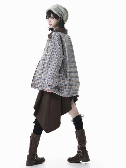 Millard Fashion 2-Way Convertive Jacket: Caramel Brown & Blue Vintage Plaid