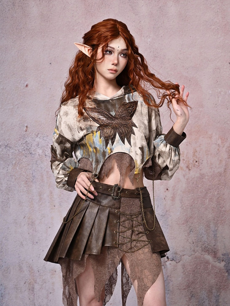 Chains Decorated Dark Brown Wasteland Punk Pleated Handkerchief Skirt