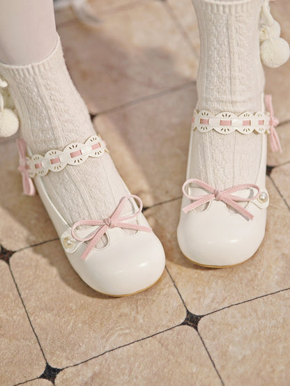 White Beaded Decorated Knotted Bow at Top Round Toe Lolita Shoes