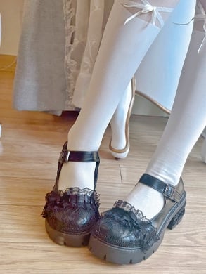 Lace Details Bow Accents Black Platform Mary Janes