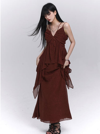 Dark Red V-neck Handkerchief Hem Cami Top