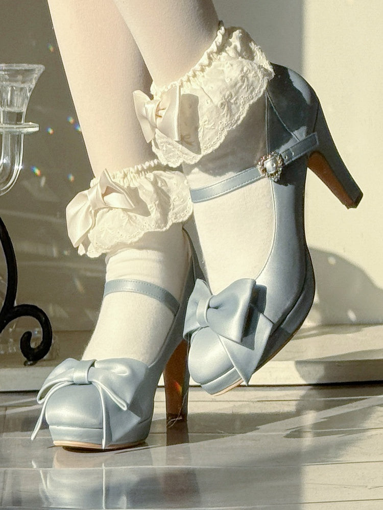 PU Blue Elegant Lolita Heels - Crystal Heart Buckle with Bow Accents