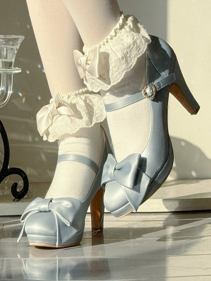 PU Blue Elegant Lolita Heels - Crystal Heart Buckle with Bow Accents