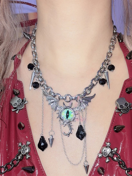 Silver Y2K Punk Evil Eye Necklace With Black Rhinestone Pendant