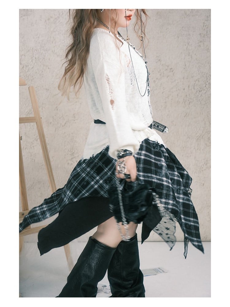 Plus Size Black Plaid Patchwork Handkerchief Hem Skirt with Star Embroidered Lace Layer
