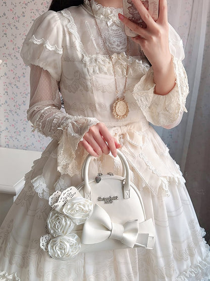 Creamy White Roses Big Bowknot Shell Bag