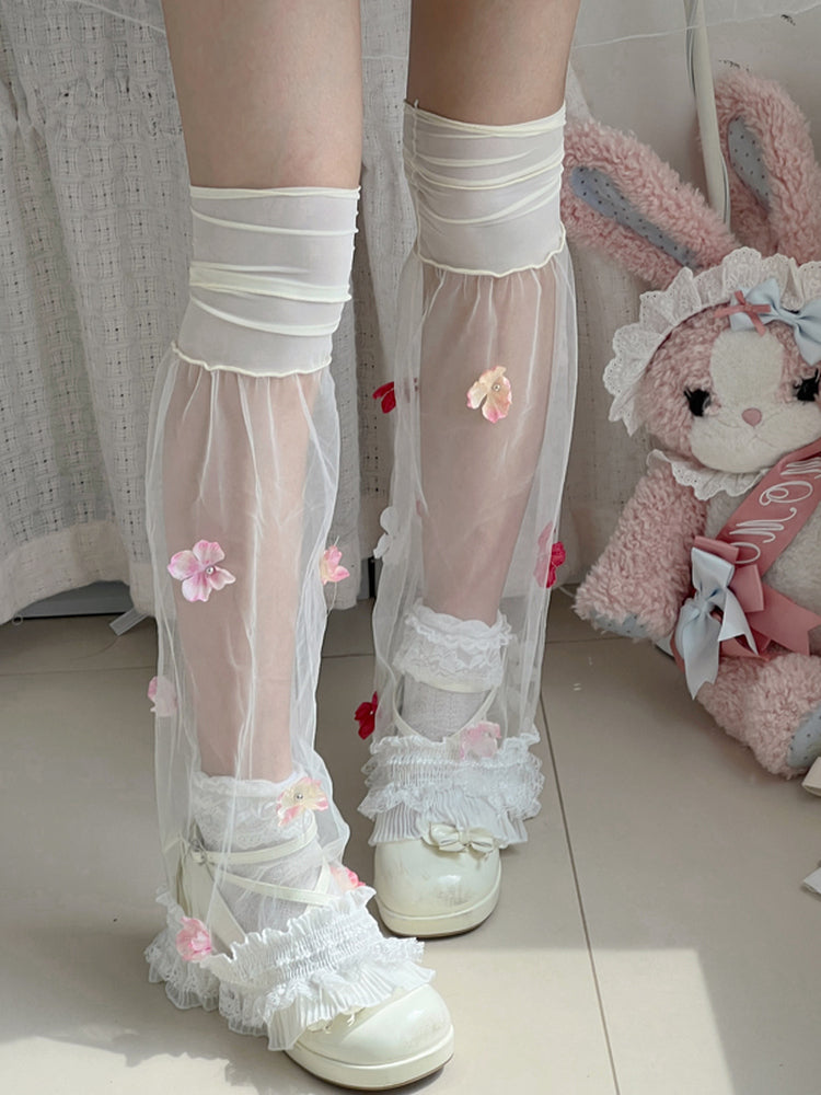 Black/White Semi-sheer Leg Sleeves With Red/Pink/Blue Flowers