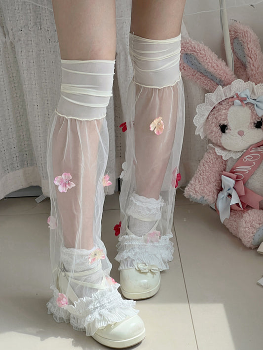 Black/White Semi-sheer Leg Sleeves With Red/Pink/Blue Flowers