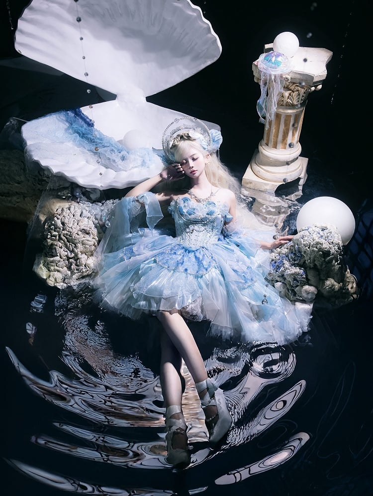 Light Blue Corset Waist Princess Lolita Beads and Sequins Detail Cascading Ruffle Accents Fairy Layered Dress