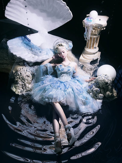 Light Blue Corset Waist Princess Lolita Beads and Sequins Detail Cascading Ruffle Accents Fairy Layered Dress