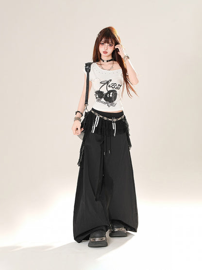 Black Elastic Waist Wide-leg Casual Pants with Lace Waist Accessory