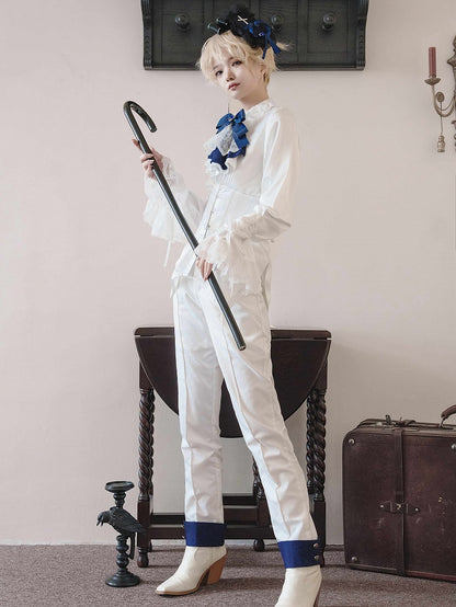 White Ouji Lolita Ruffle Neckline Prince Style Long Sleeves Shirt
