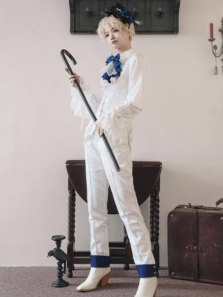 White Ouji Lolita Ruffle Neckline Prince Style Long Sleeves Shirt