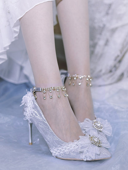Silver Rhinestone Bowknot Detachable Beaded Chain Glittering 6CM/8CM Hime Lolita Heels