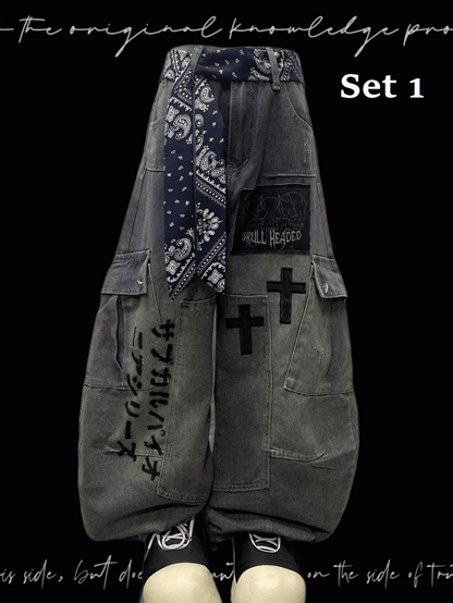 Blue Cross Applique Wasteland Punk Distressed Wide-leg Cargo Jeans