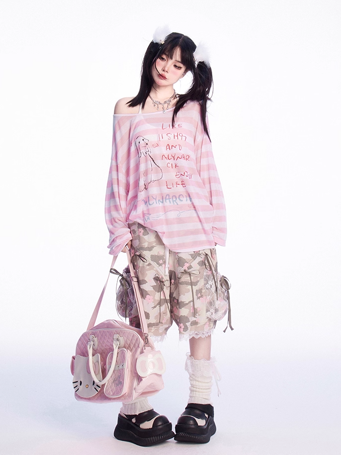 Asymmetrical Neckline Puppy Print Blue/Pink Striped Semi-sheer Coverup