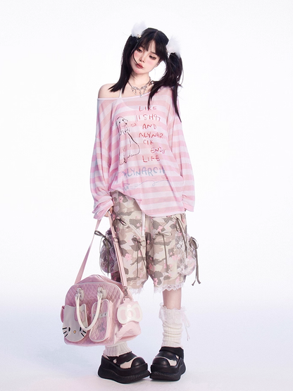 Asymmetrical Neckline Puppy Print Blue/Pink Striped Semi-sheer Coverup