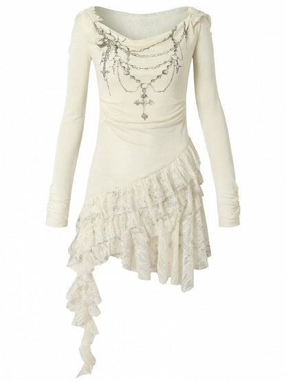 Black/Beige Wasteland Punk Cross Beaded Chain Print Lace Trim Dress