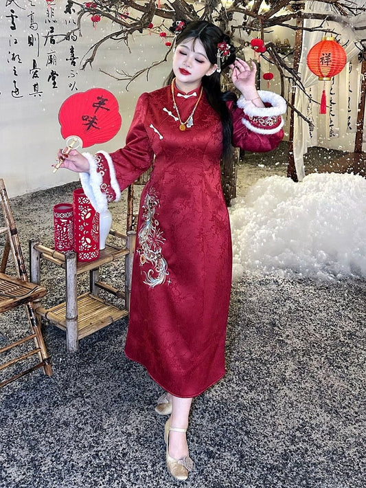 Plus Size Red Dragon Embroidery New Year Qipao with Plush Cuffs
