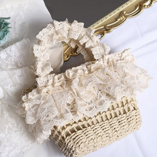 Beige Cottagecore Lace Ruffled Lolita Crochet Bag