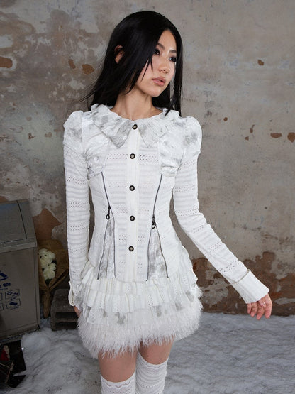 White Punk Textured Blouse with Ruffled Puff Collar & Front Side Zippers