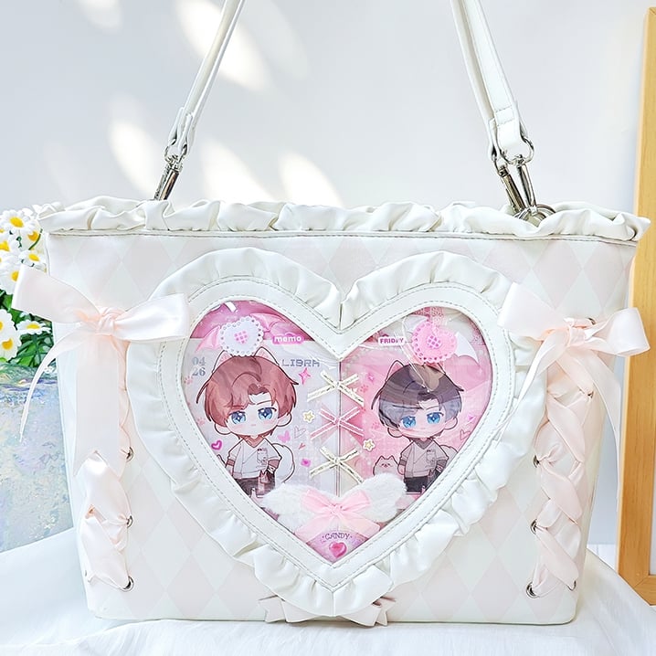 Pink Diamond Pattern Lace-up Design Ruffles Trim Heart PU Tota Ita Bag