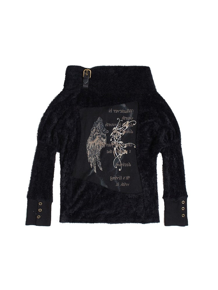 Black Off-Shoulder Punk Wing Print Knit Top with Batwing Sleeves & Buckle Strap