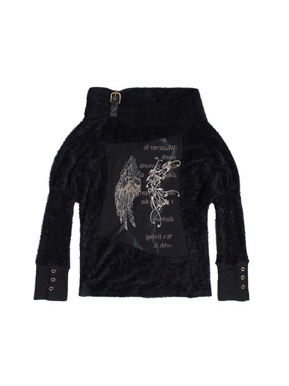 Black Off-Shoulder Punk Wing Print Knit Top with Batwing Sleeves & Buckle Strap