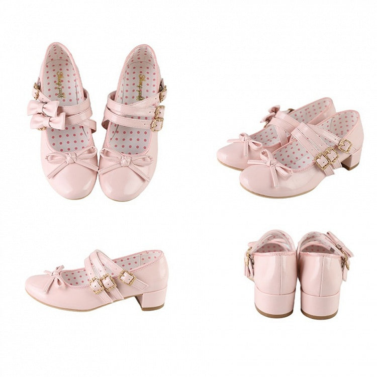 Pink Bow at Top Crisscross Design Lolita Shoes with Detachable Bowknots