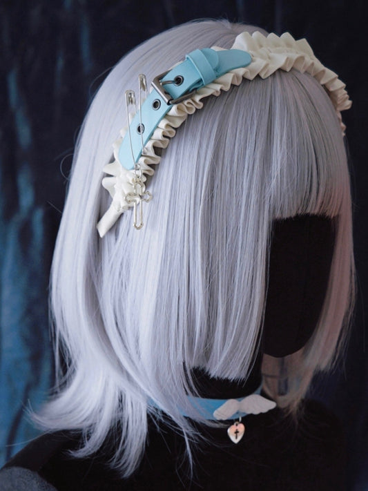Side Blue PU Buckle White Cross and Pins Ruffled KC