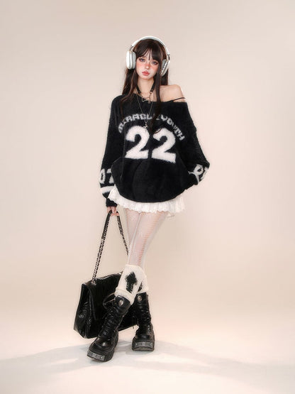 Clearance-Size M for Bust 61CM Black Asymmetrical Neckline Number Pattern Blokette Core Mohair Sweater