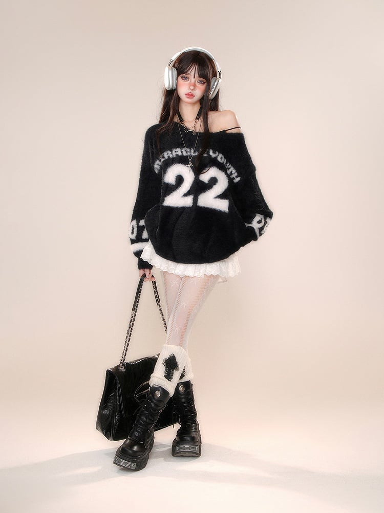 Clearance-Size M for Bust 61CM Black Asymmetrical Neckline Number Pattern Blokette Core Mohair Sweater