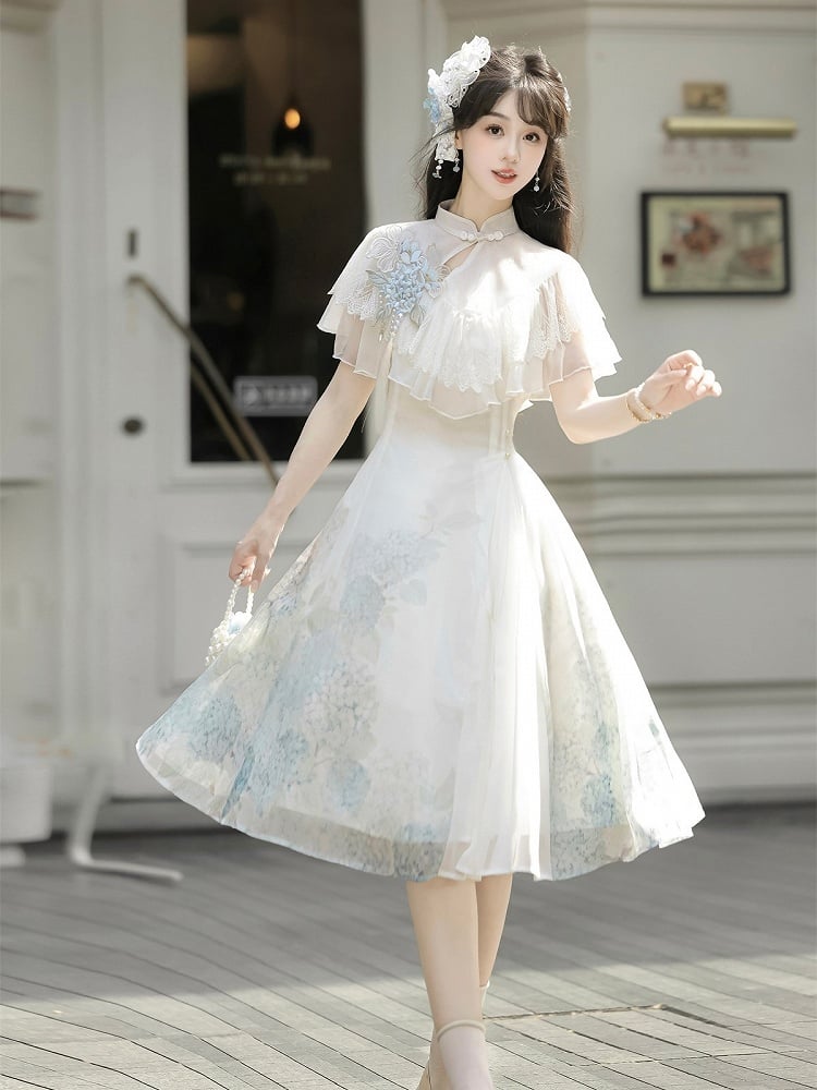 Short Version Hydrangea Print White Elegant Classic Lolita Dress with Lace Shawl