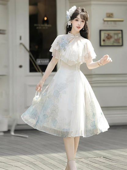 Short Version Hydrangea Print White Elegant Classic Lolita Dress with Lace Shawl