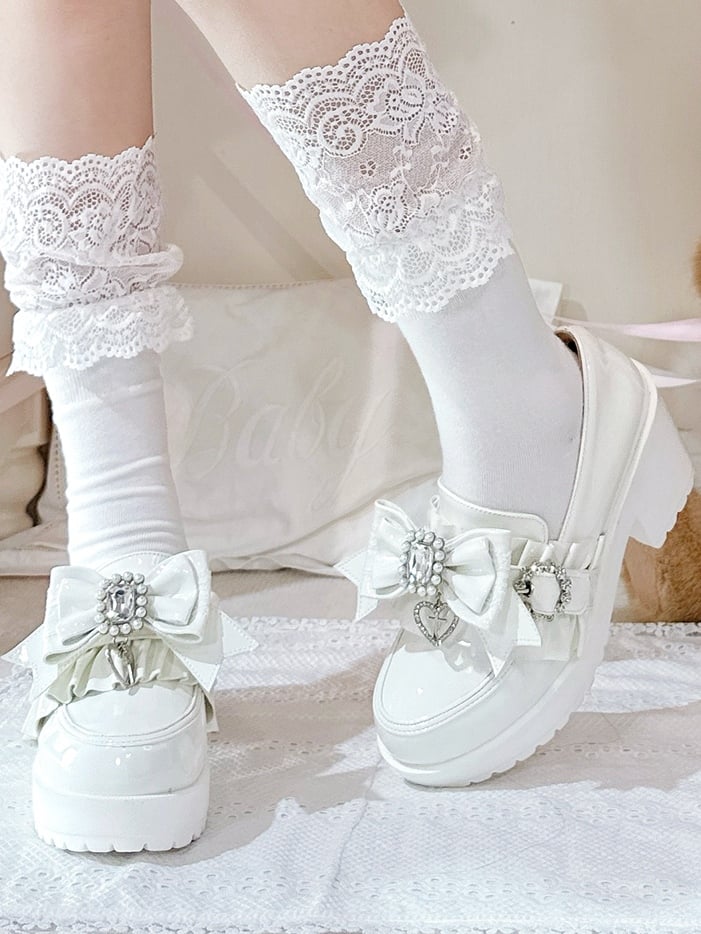 PU Leather Polished White Jirai Kei 7.5cm High Heels with Rhinestone Bead Bow, Ruffles Edging & Slip-On Comfort